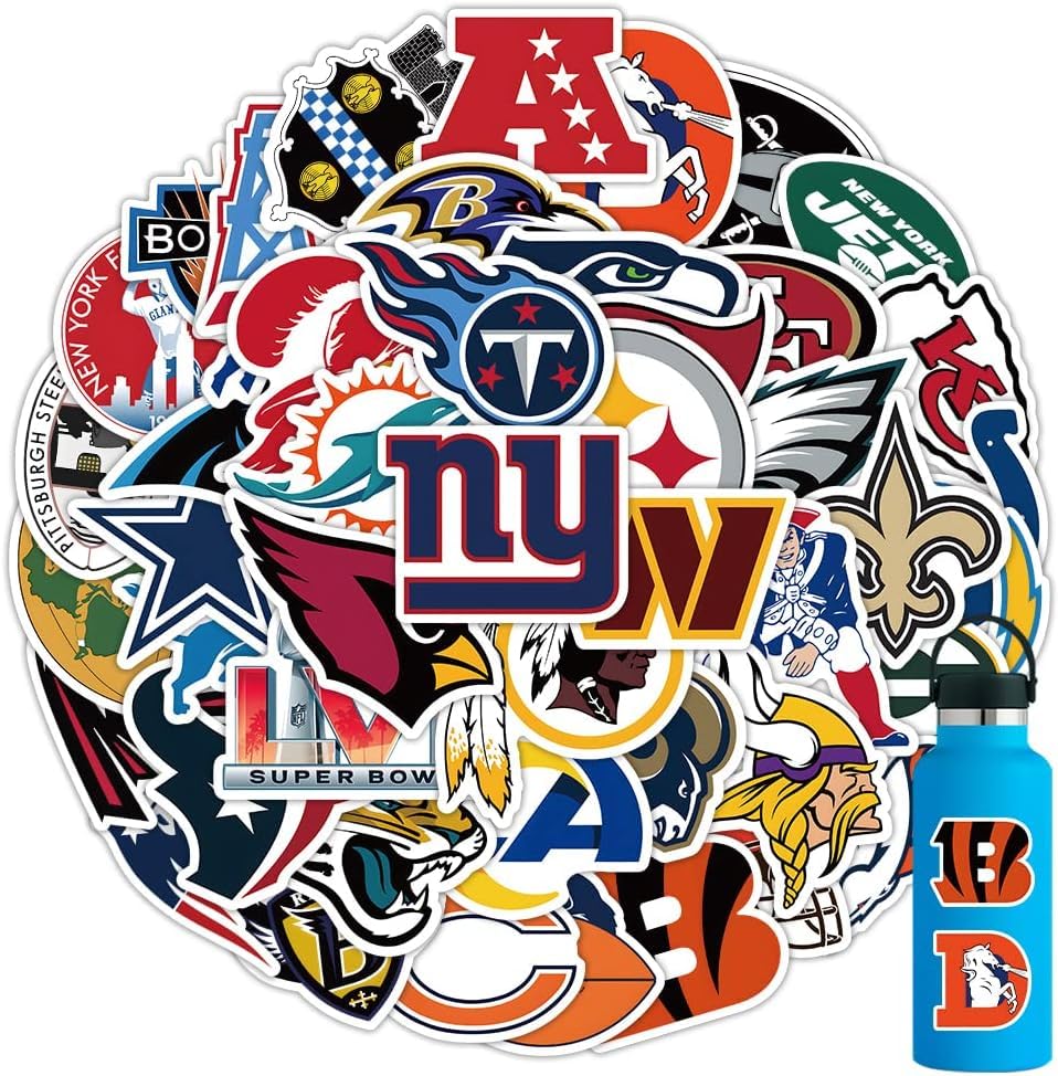 52pcs Football Team Logo Stickers Pack All 32 Teams for Kids，Football Fans of Collection Sticker for Helmet Water Bottles Car Laptop Luggage，Vinyl Waterproof Decal for Kids，Football Gifts for Teens