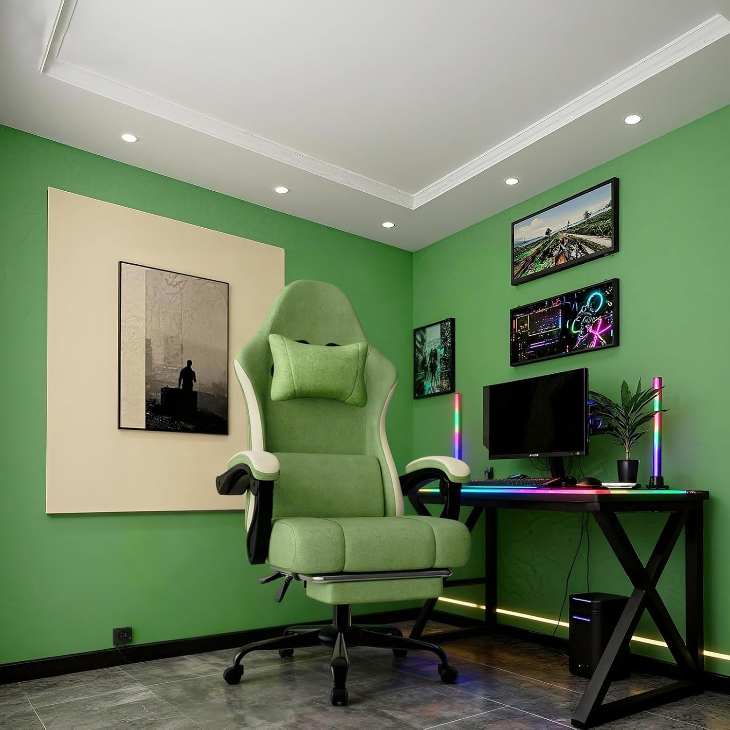 Gaming Chair, High Back Fabric Computer Chair with Pocketed Spring Cushion and Footrest, Height Adjustable Game Chair with Headrest and Lumbar Support (Beige & Green)