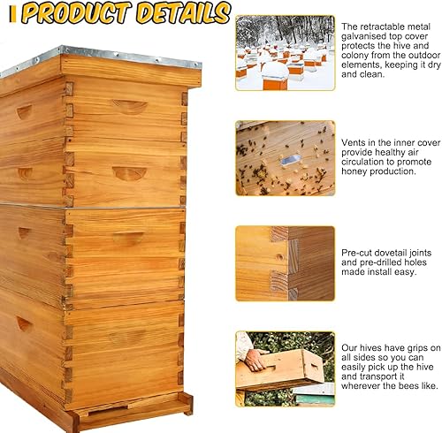 Miniatura 11 de POLLIBEE Las colmenas de abeja Langstroth con revestimiento de cera de abeja de 8 marcos incluyen 1 caja profunda y 1 caja mediana para abejas