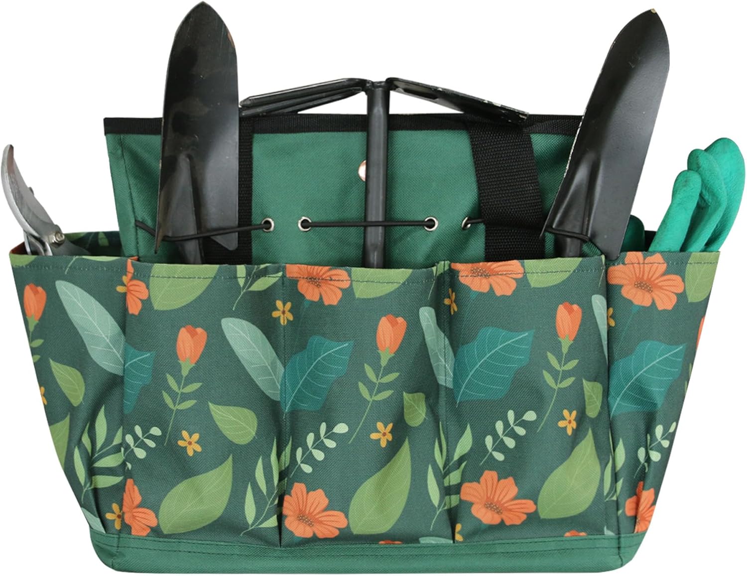 Garden Tool Bag, Portable Garden Tote Bag with Handle, Oxford Garden Tool Organizer Bag, Ideal Gardening Gifts for Wife and Parents, Tools Not Included(Green Flower)