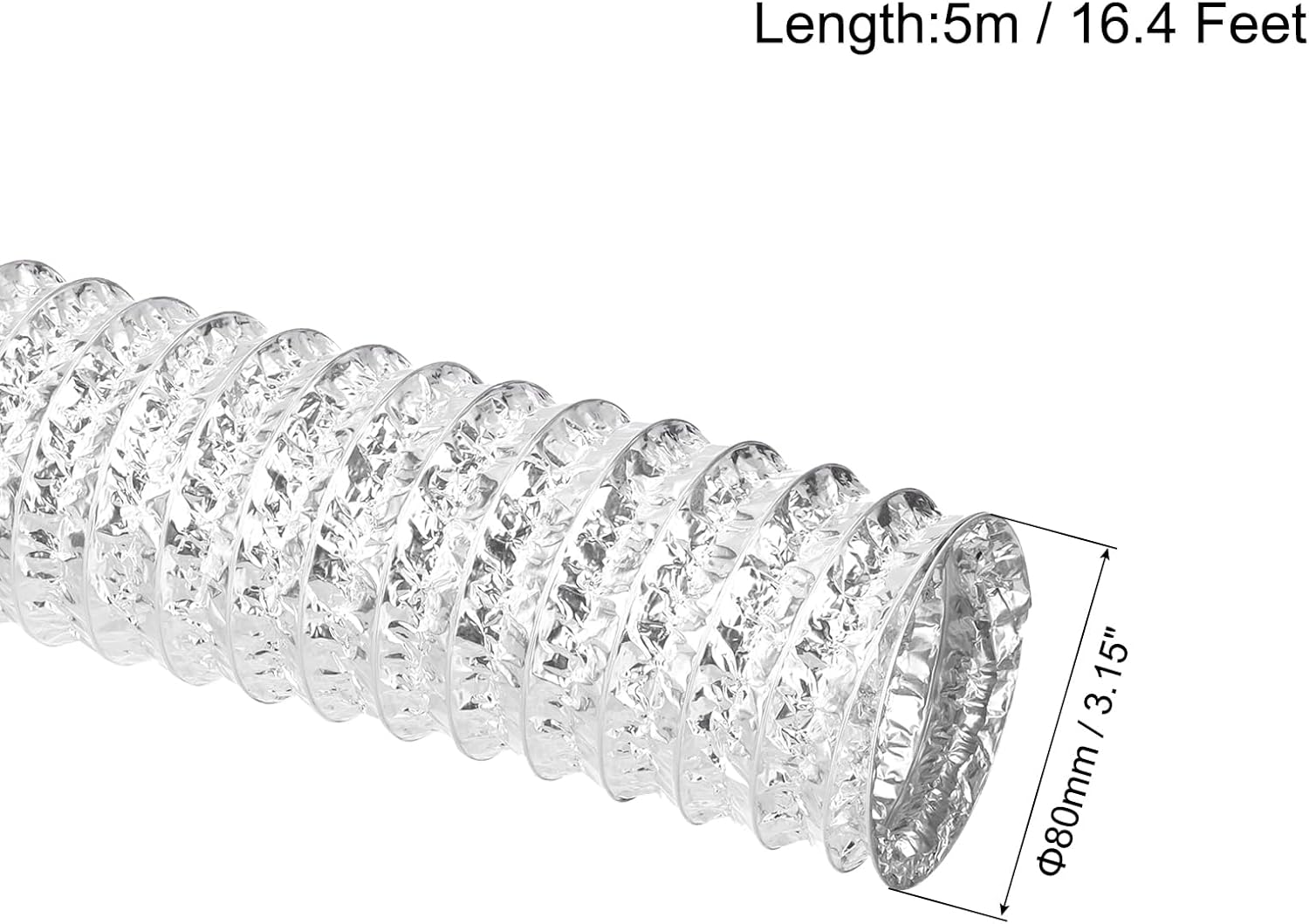 MECCANIXITY Air Aluminum Ducting 3.1 Inch 16.4 Feet Non-Insulated Aluminum Flexible Ducting with 2 Clamps for HVAC Ventilation