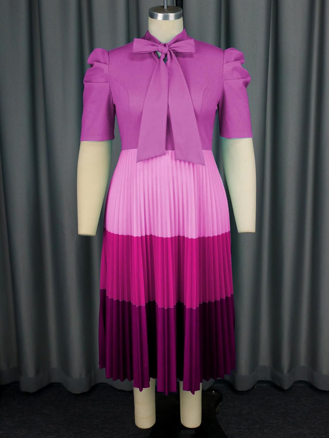 AOMEI Women's Colorblock Bowtie Neck Half Sleeve Pleated A-Line Midi Dress - Image 4