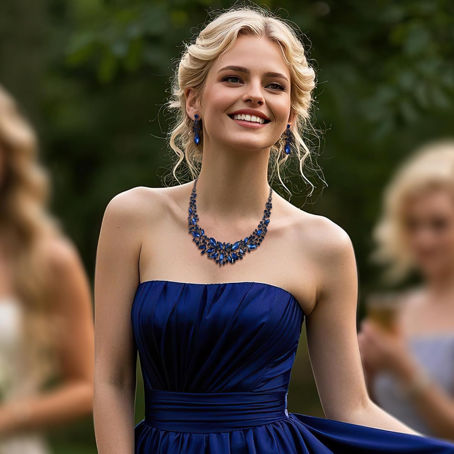 BriLove Women's Wedding Bridal Austrian Crystal Marquise Cluster Collar Necklace Dangle Earrings Set - Image 2