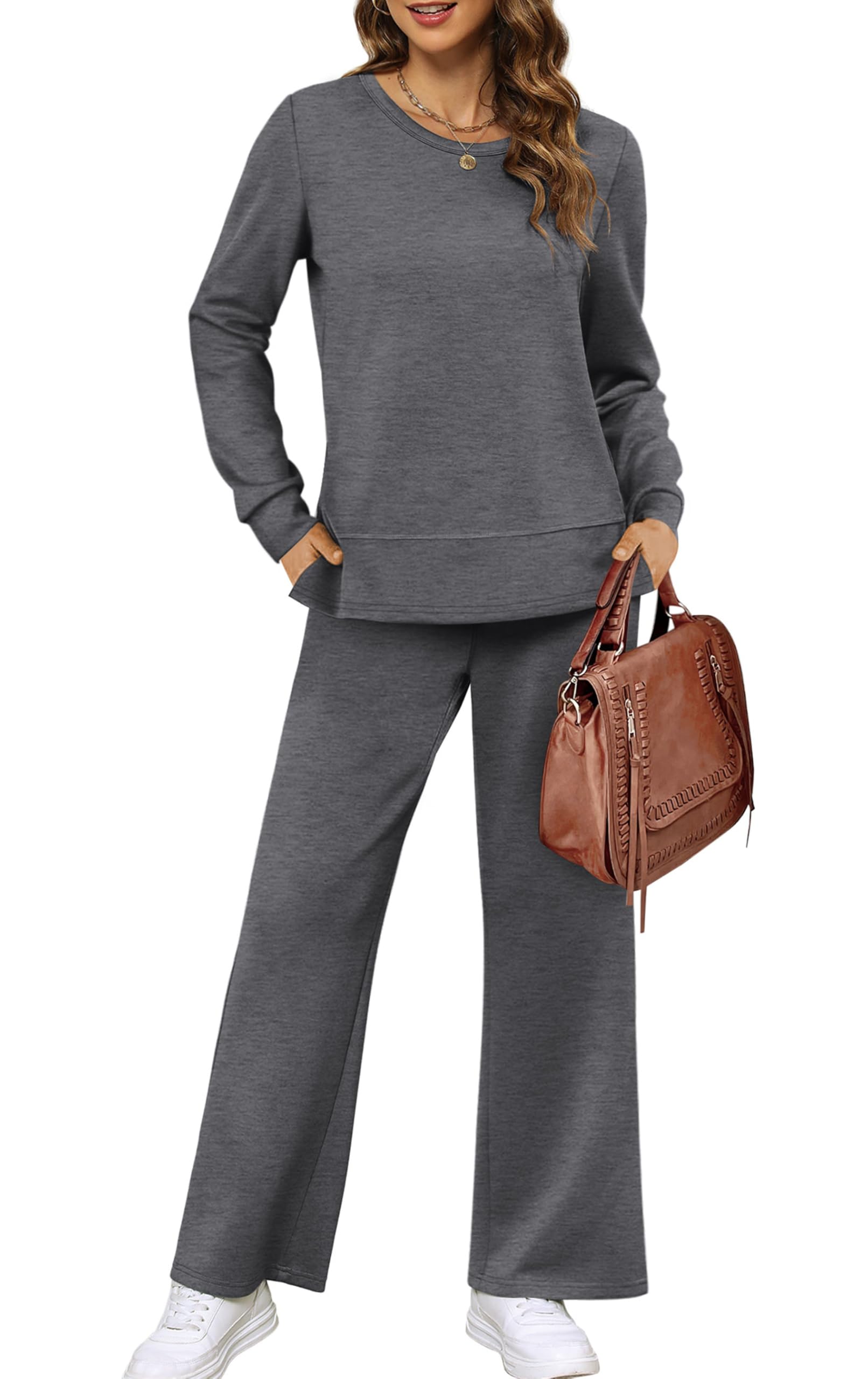 XIEERDUO Women's 2 Piece Lounge Sets Side Slit Outfits Wide Leg Tracksuit Comfy Loungewear Fashion Sweatsuit S-3XL