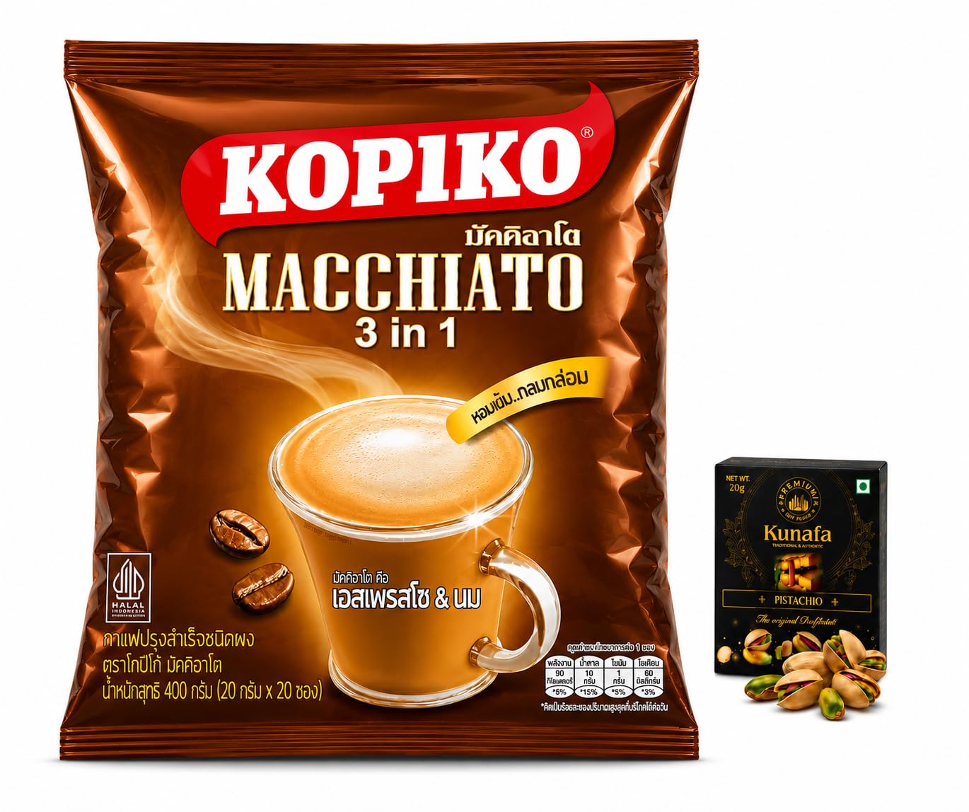 Kopiko Macchiato 3 in 1 Instant Coffee, Espresso & Milk Blend, 400g (20g x 20 Sachets) with Free Flavourito Kunafa Pistachio Chocolate Bar, 20g By Decadent Foods-image-18