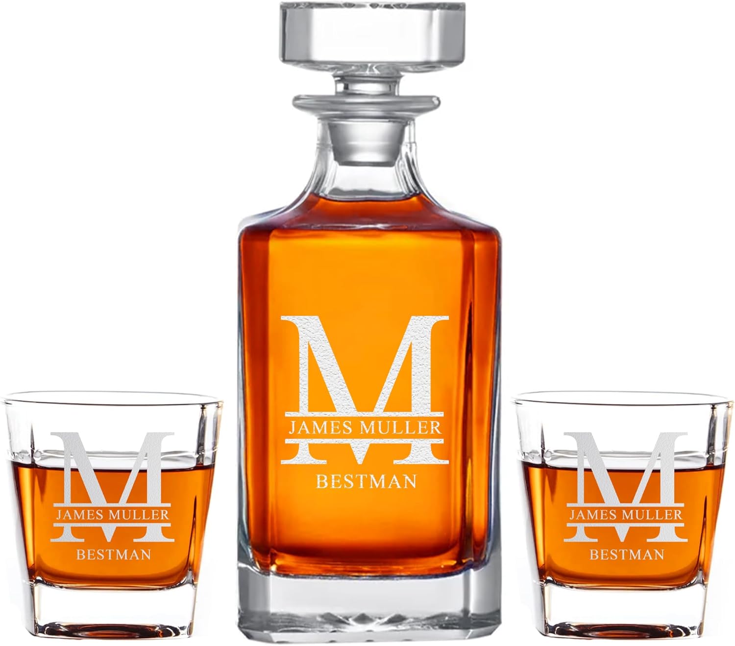 Personalized Whiskey Decanter Set with Glasses - 7 Design Options - Custom Engraved Liquor 27 oz, Bourbon Decanter for Men Dad Birthday Graduation Groomsman Anniversary & Retirement Gift For Him