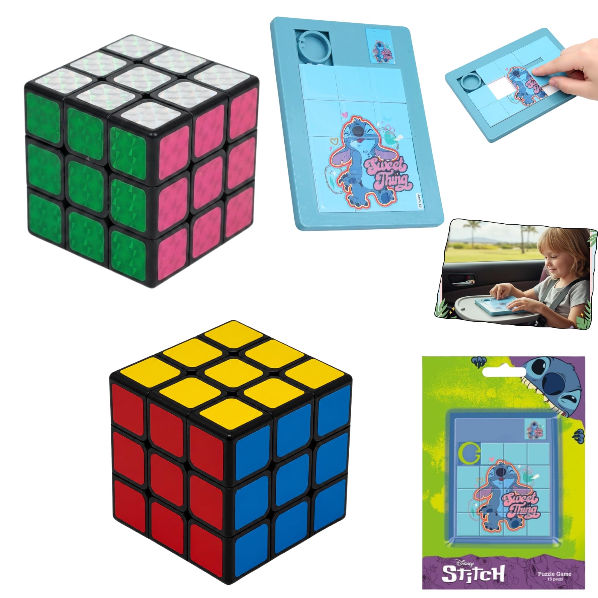 1x Random Magic Cube Puzzle + Disney Stitch Sliding Puzzle Bundle, Brain Teaser Fidget Toy, Christmas Birthday Stocking Filler Gift