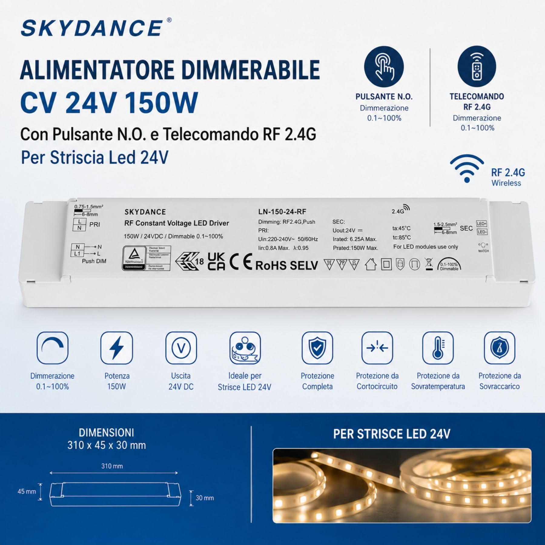 Fuente de alimentación LED 24 V regulable Push 150 W, transformador de tensión constante, ajustable con AC Push/botón y RF 2.4G, compatible con mando a distancia Skydance, regulador 0,1-100%, LN-150