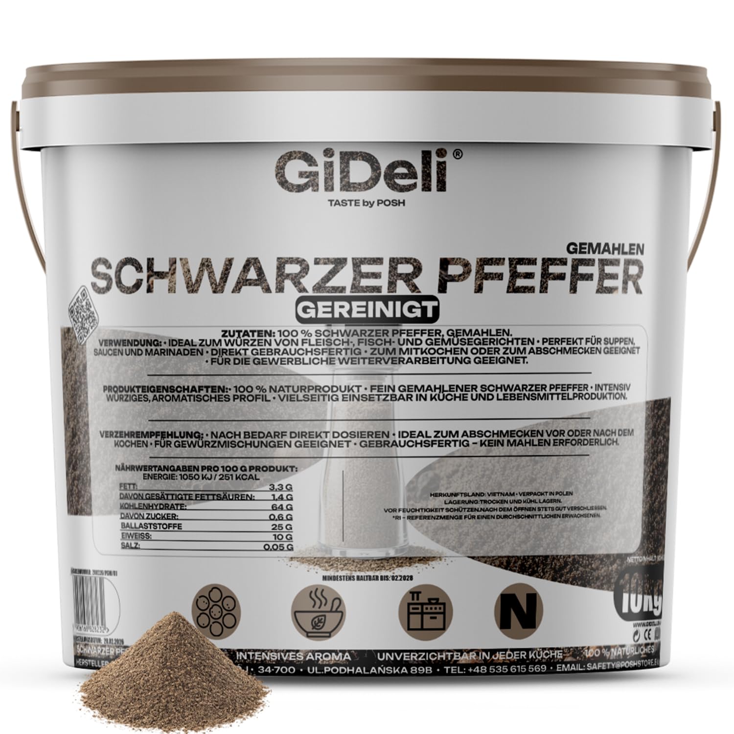 GiDeli Schwarzer Pfeffer Gemahlen 10kg im Eimer - Pfefferpulver für Suppen, Saucen und Fleischgerichte - Aromatisch und Vielseitig - 100% Naturrein ohne Zusätze