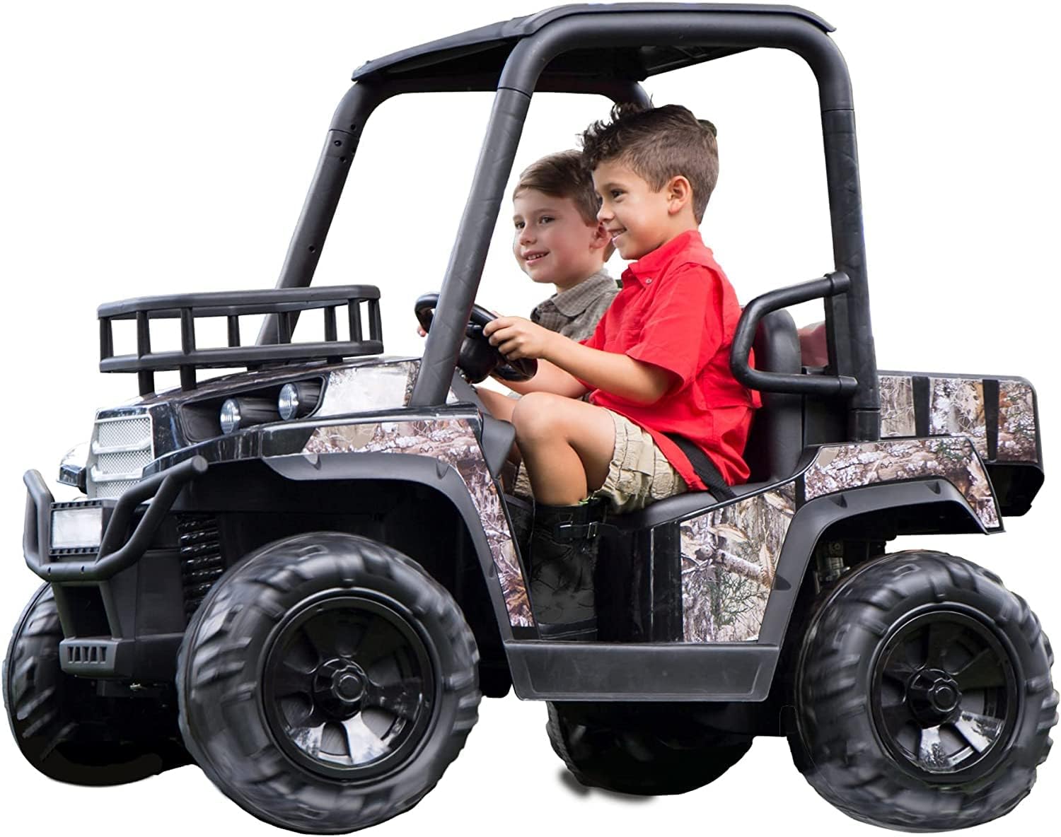 Two children riding the Dynacraft Realtree 24V UTV