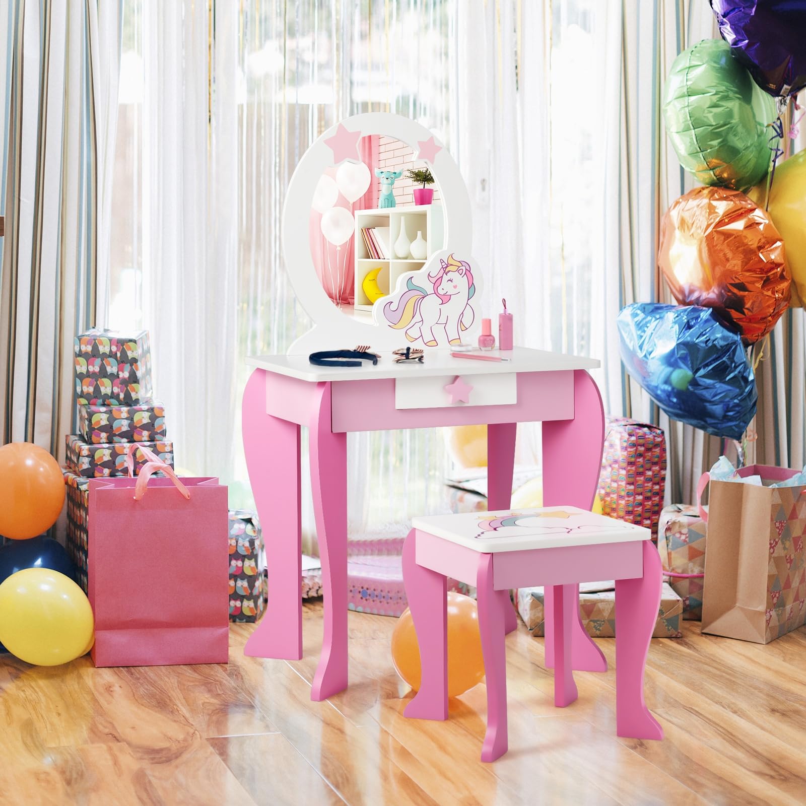 LIFEZEAL Coiffeuse avec Miroir et Tabouret Enfant, Coiffeuse Enfant Licorne Fille 3-7 Ans, Table de Maquillage Bois avec Tiroir pour Petite Princesse (Rose)