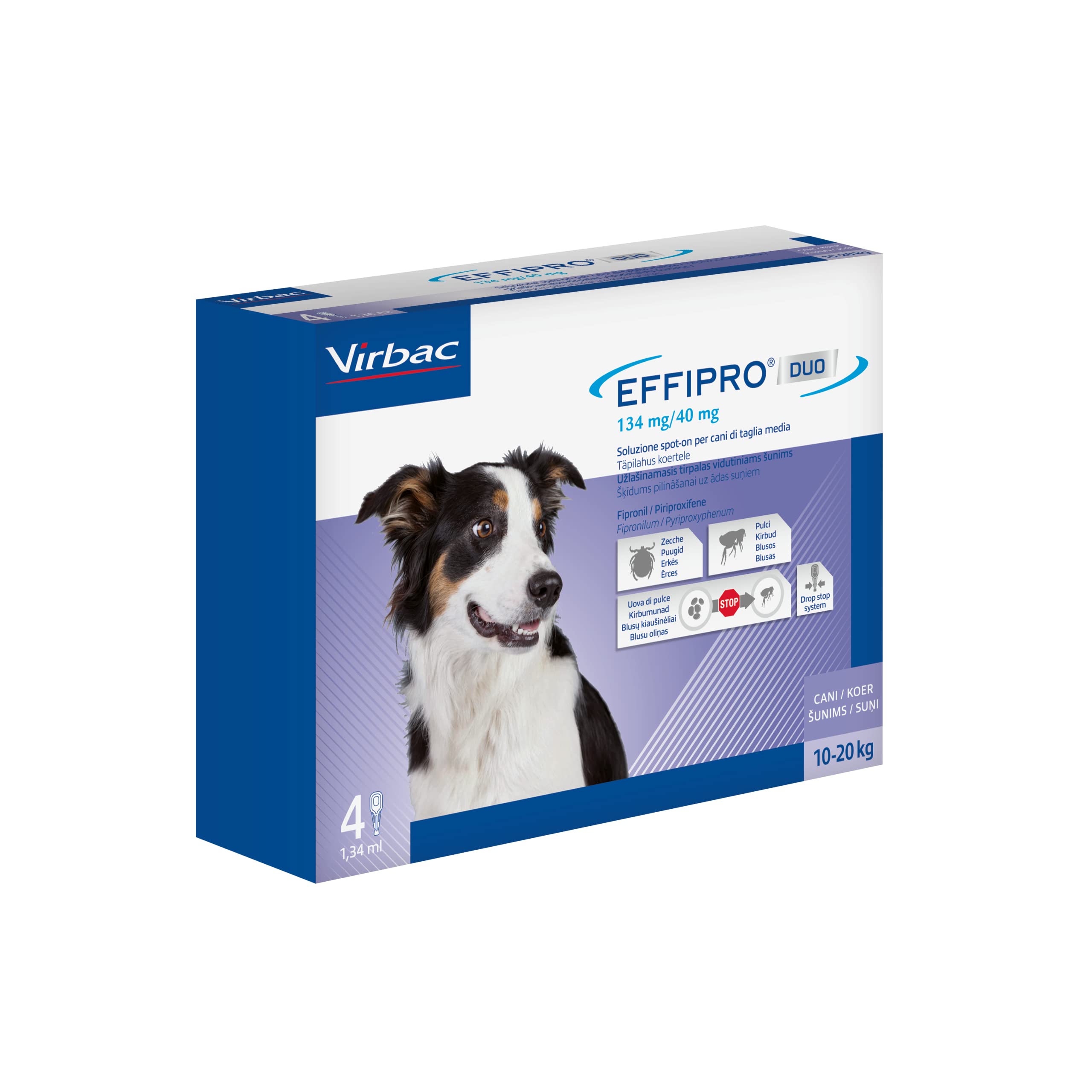Virbac effripro Duo Chiens de Taille Moyenne 10-20 kg - Lot de 4 pipettes.