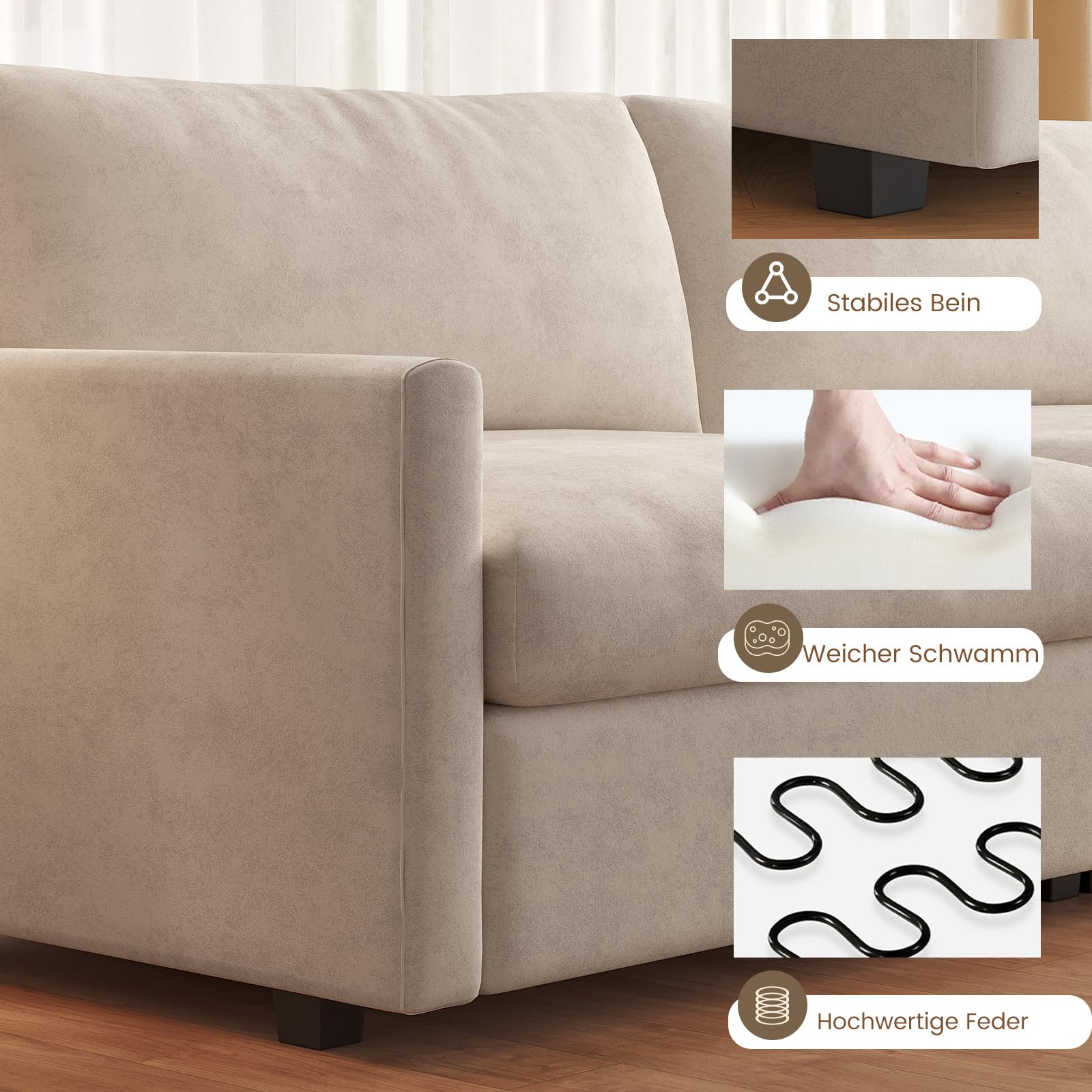 Guyii Stoffsofa 3-Sitzer Sofa 190 cm, modernes 3 Sitzer Sofa aus Stoff, bequemes Sofa für Wohnzimmer, Zeitloses Design, gepolstert, stabile Konstruktion, Sofas (Cremeweiß)