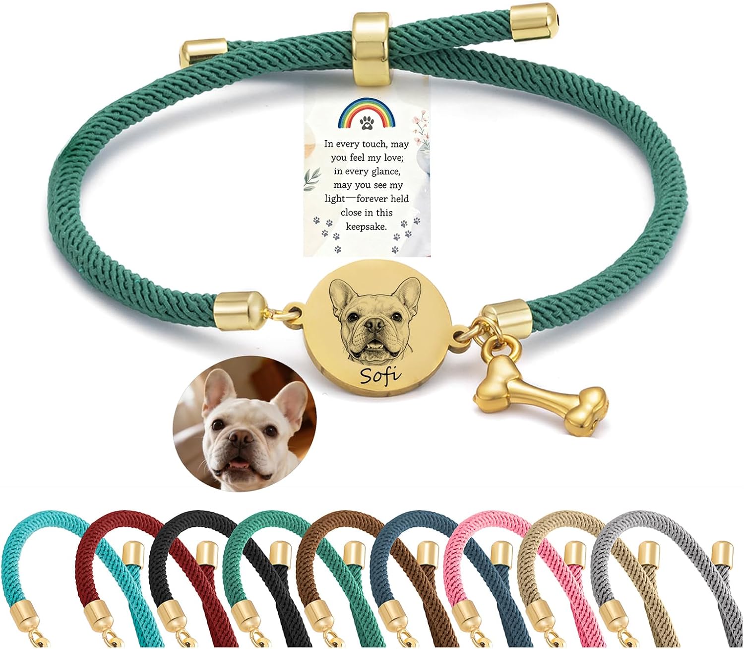 Custom Pet Portrait Memorial Bracelet Personalized Engraved Dog Cat Name Braided Rope Bracelet Keepsake Jewelry Gift for Pet Owners