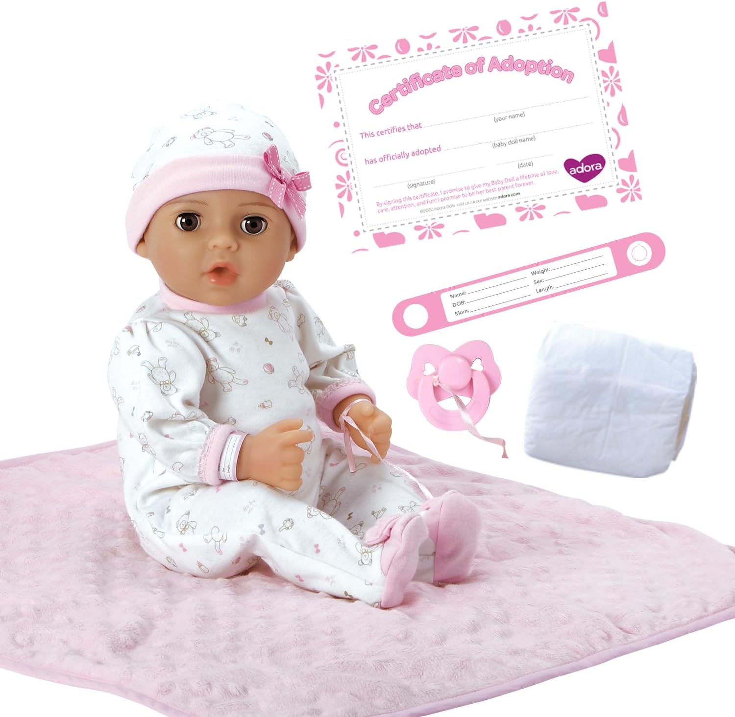 Adora Realistic 16” Adorable Girl Doll with Complete 9-Piece Accessories includes Pacifier, Hospital Bracelet, Disposable Diaper, Blanket, Crib, Removable Onesie and a Cap - Baby Girl Cherish