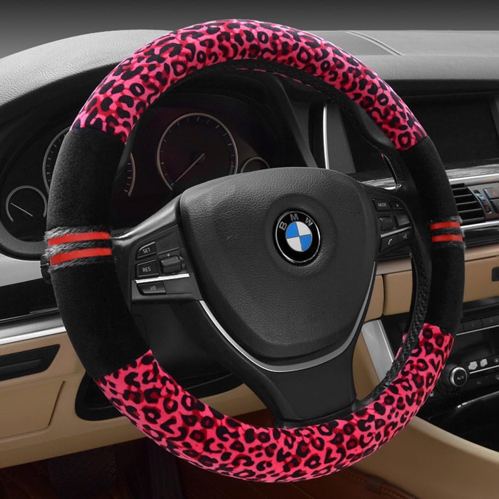 INEBIZLuxury Leopard Print Fashionable Plush Car Steering Wheel Cover, Universal Fit, Keep Warm for Car SUV (Red+Black)
