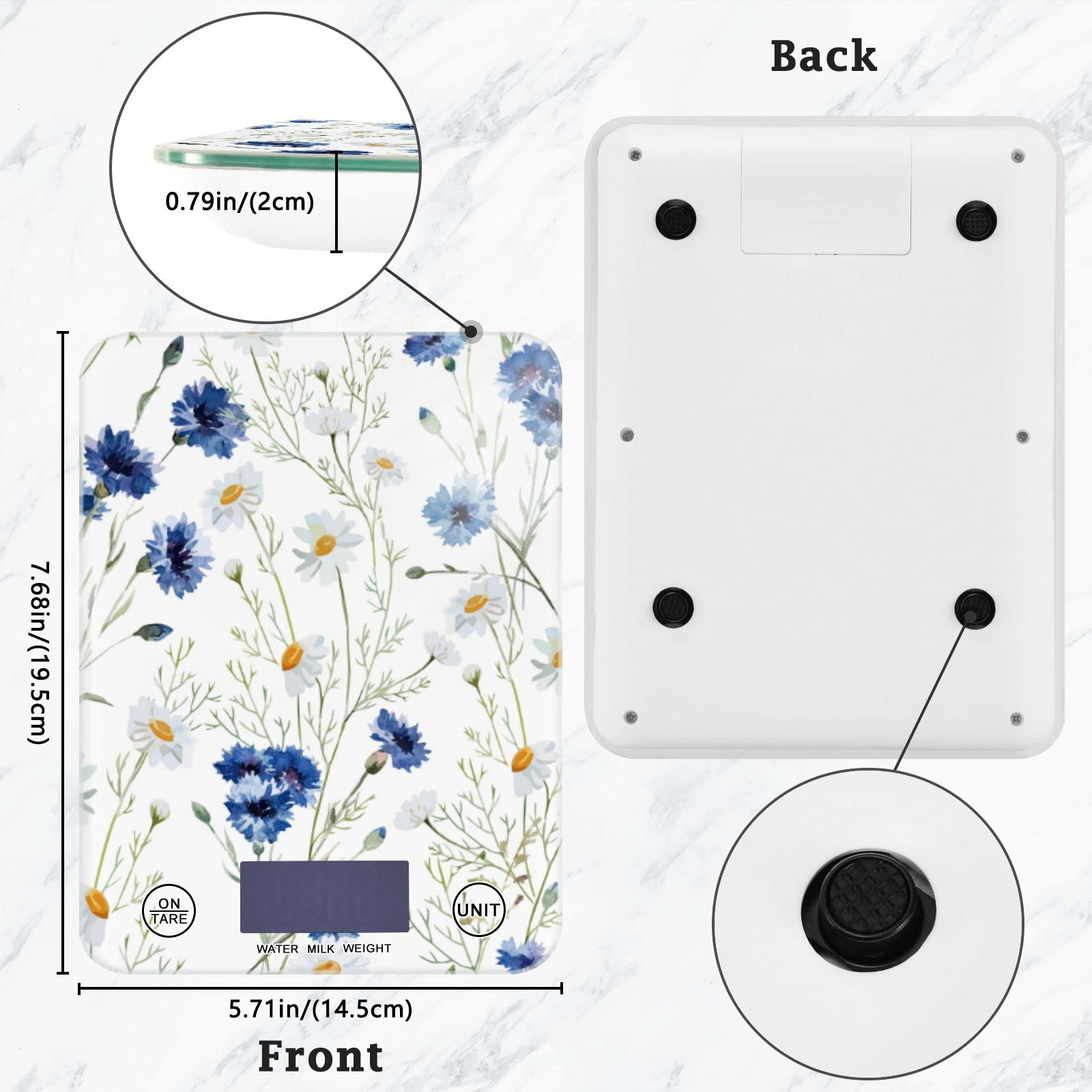 QwThum Food Scale Kitchen Digital Scale Food Ounces and Grams Dieting Baking Cooking Waterproof Glass Panels LCD Display,4 Units Scale Tare Function Daisy White