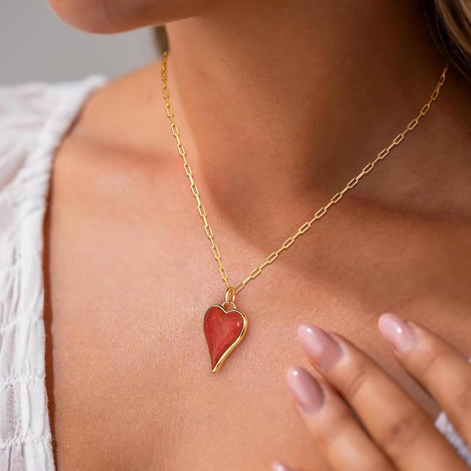 AIBAO Long Heart Necklaces for Women Rhodium plated Sterling Silver Paperclip Chain Necklace Turquoise/Coral/Malachite Pendant Western Jewelry - Image 3