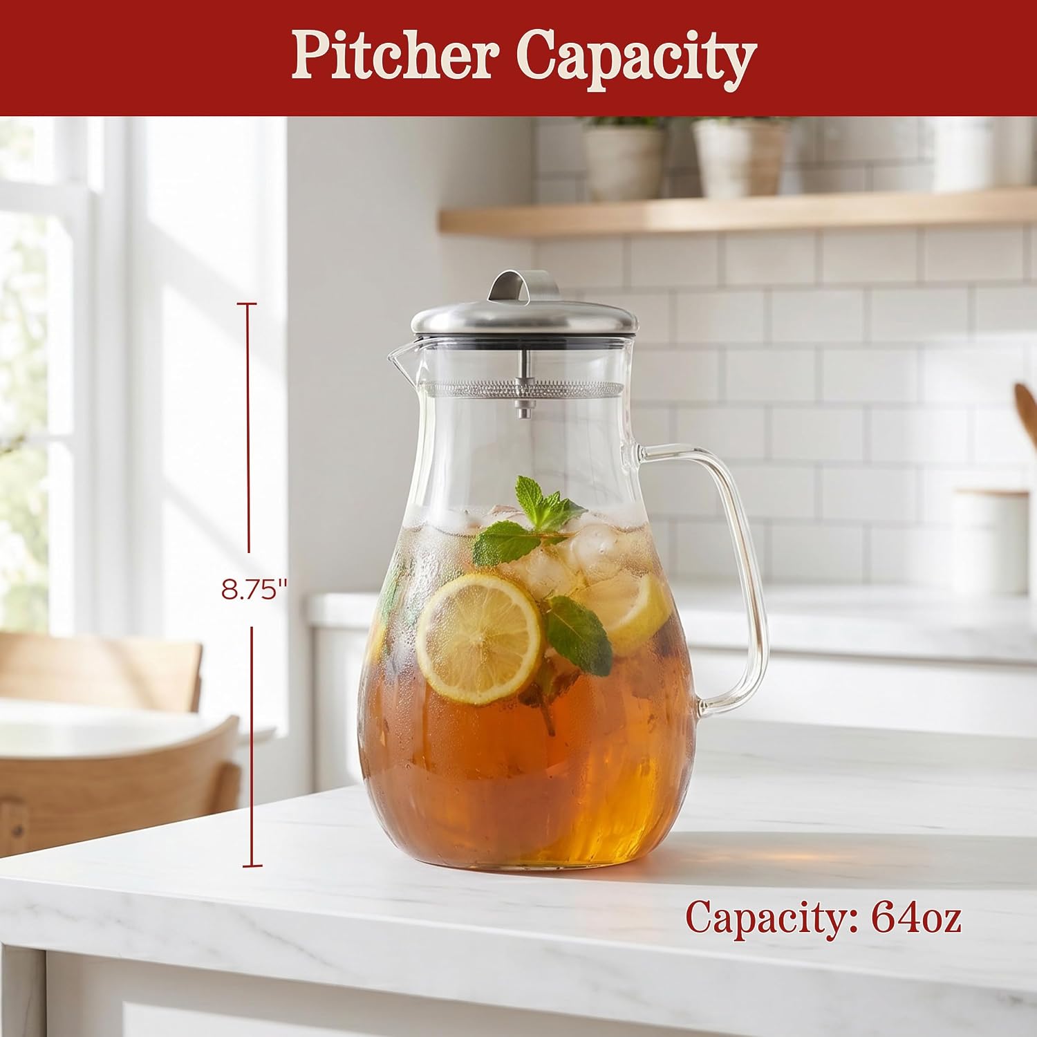 Glass Pitcher-64oz. Carafe with Stainless Steel Filter Lid- Heat Resistant to 300F-For Water, Coffee, Tea, Punch, Lemonade and More by Classic Cuisine image 2