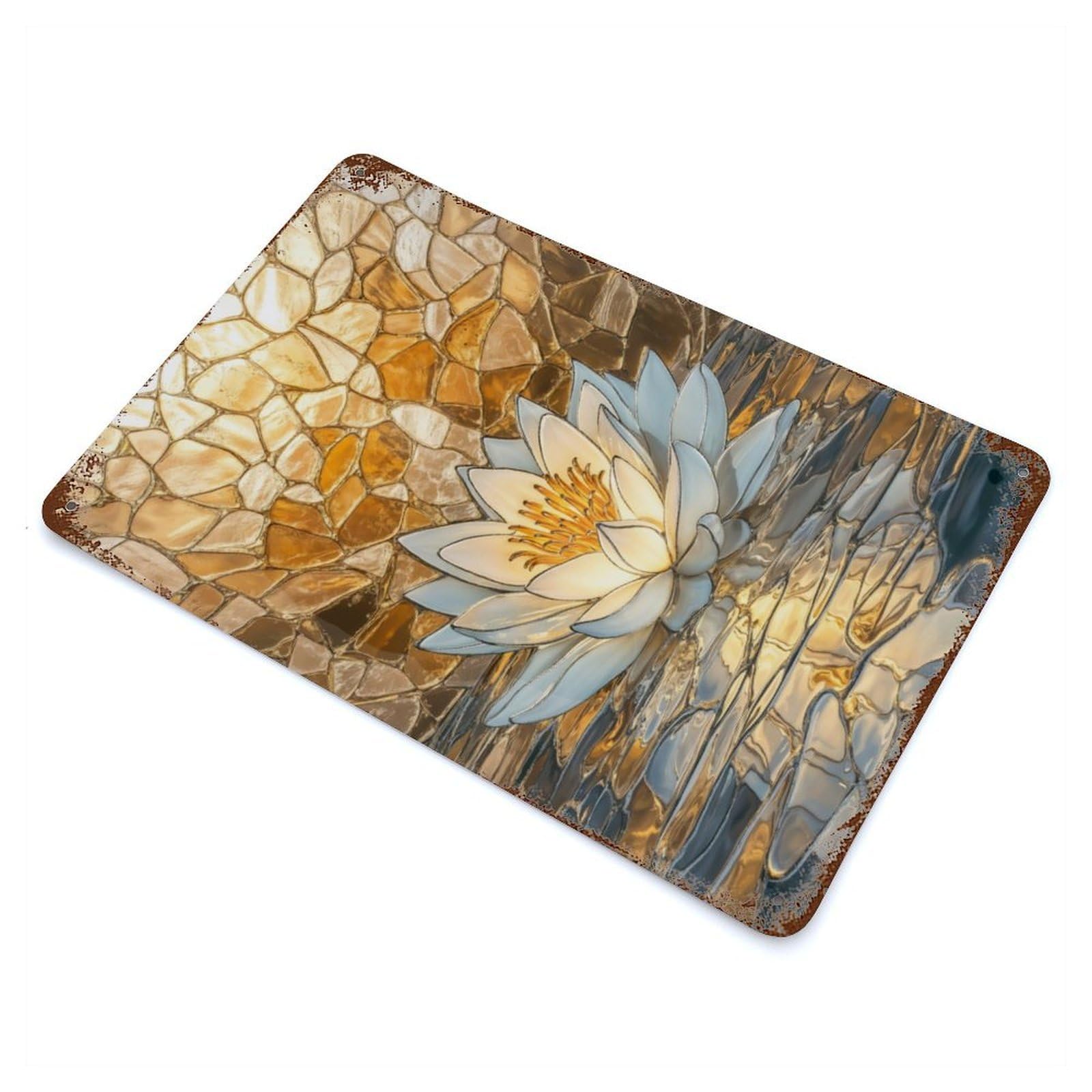 Water Lily Golden Mosaic Decorative Tin Sign 11.8"x7.9", for Bistro, Counter And Cafe Decor, Classic Wall Plaque