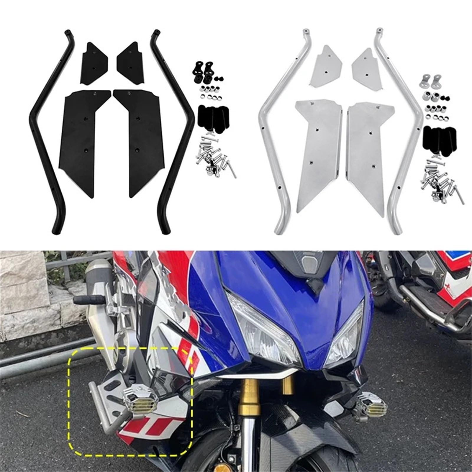 Ochraniacze na drążki zderzeniowe Motocyklowe zderzaki Crash Bars Osłona silnika Ochraniacz zbiornika Górna pokrywa Pasuje do HONDA FORZA NSS 750 2021 2022 2023 Gmoli Motocyklowych(Silver)