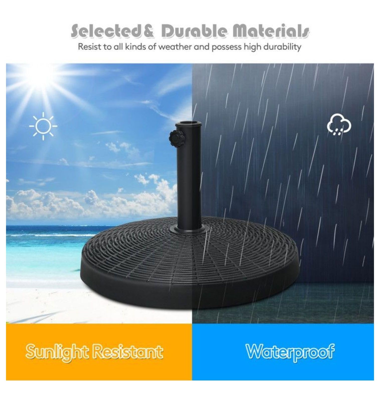 Questa Base per ombrellone da Giardino da 49 libbre (22 kg) è Realizzata in Resina Resistente per Esterni, di Colore Nero, con Un'Altezza di 20,5 Pollici (52 cm) per Pali da 1,5/1,9 Pollici