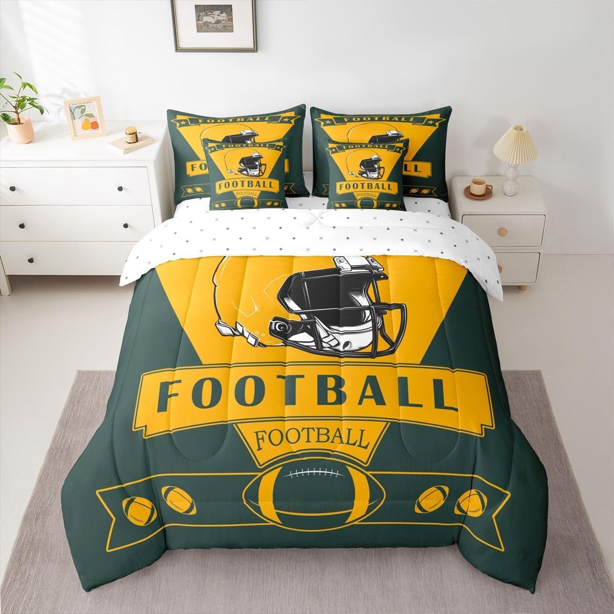 Loussiesd Calcio Piumino Letto Con Lenzuola 7 Pezzi 264X229cm(7-piece Set),green Bay Letto Trapuntato,american Football City Regali Per I Tifosi Di Calcio