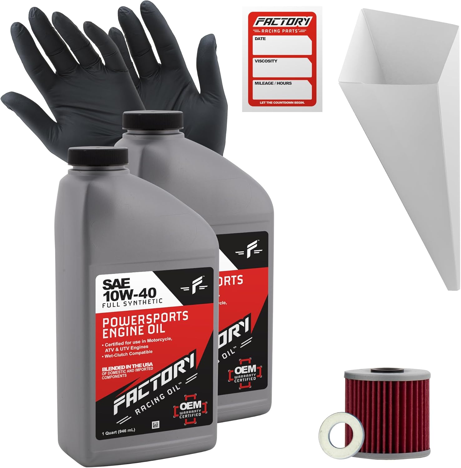 Factory Racing Parts Oil Change Kit compatible with Kawasaki KEF300 Lakota, KLF300 Bayou – Includes 2 Quarts of 10W-40 Full Synthetic Oil, 1 Filter, 1 Crush Washer, 1 Funnel, 1 Oil Change Sticker