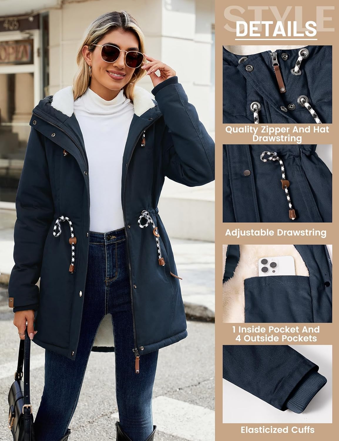 Women's Winter Fleece Lined Sherpa Parka Jacket Warm Thicken Fuzzy Hooded Down Coat Casual Plush Drawstring Outerwear - Image 4