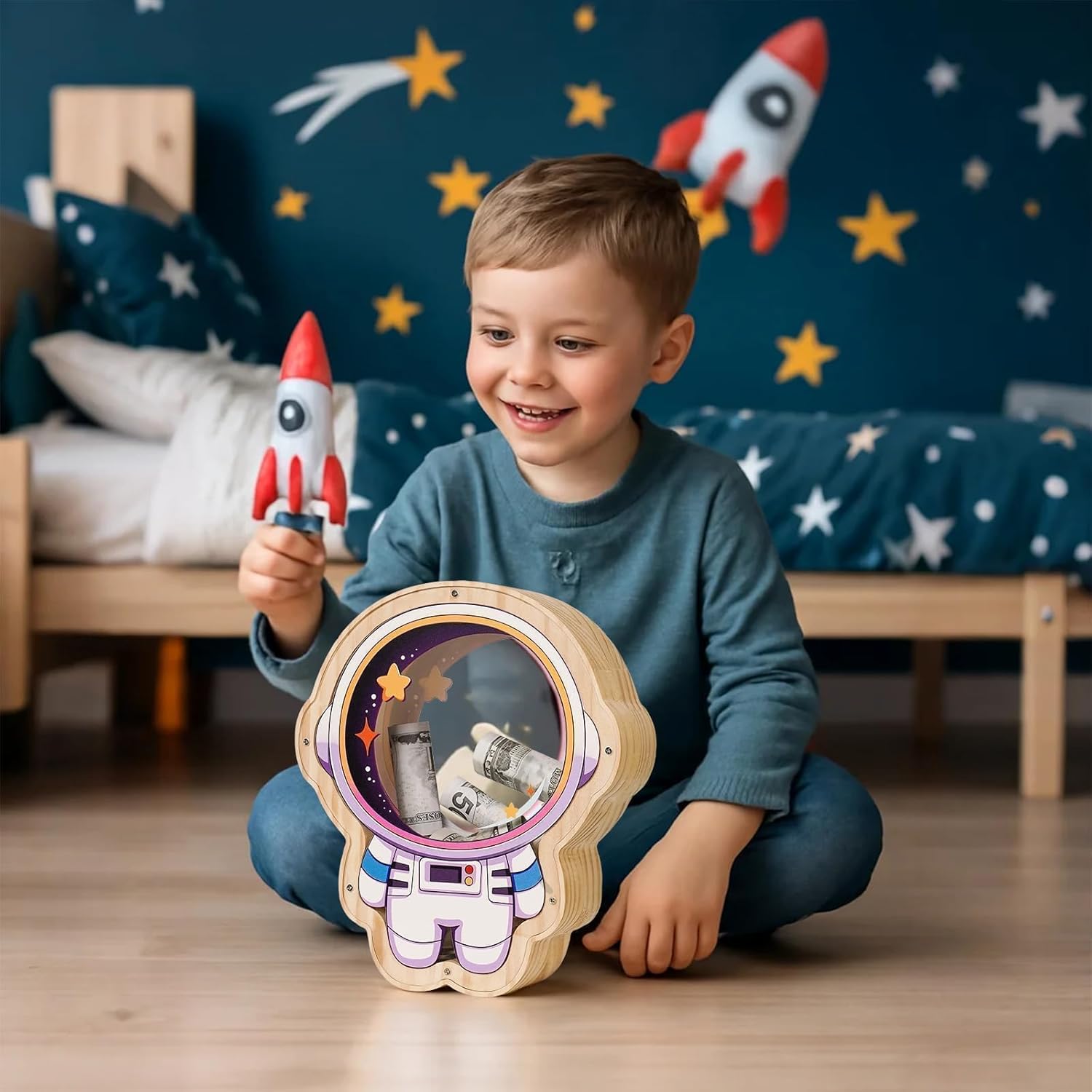 Wooden Astronaut Piggy Bank for Kids, Unbreakable Space Kids Coin Bank with Sticker, Wooden Cashbox Toddler Money Bank, Educational Toys for Boys, Girls, Birthday Gifts for Boys, Room Decor,