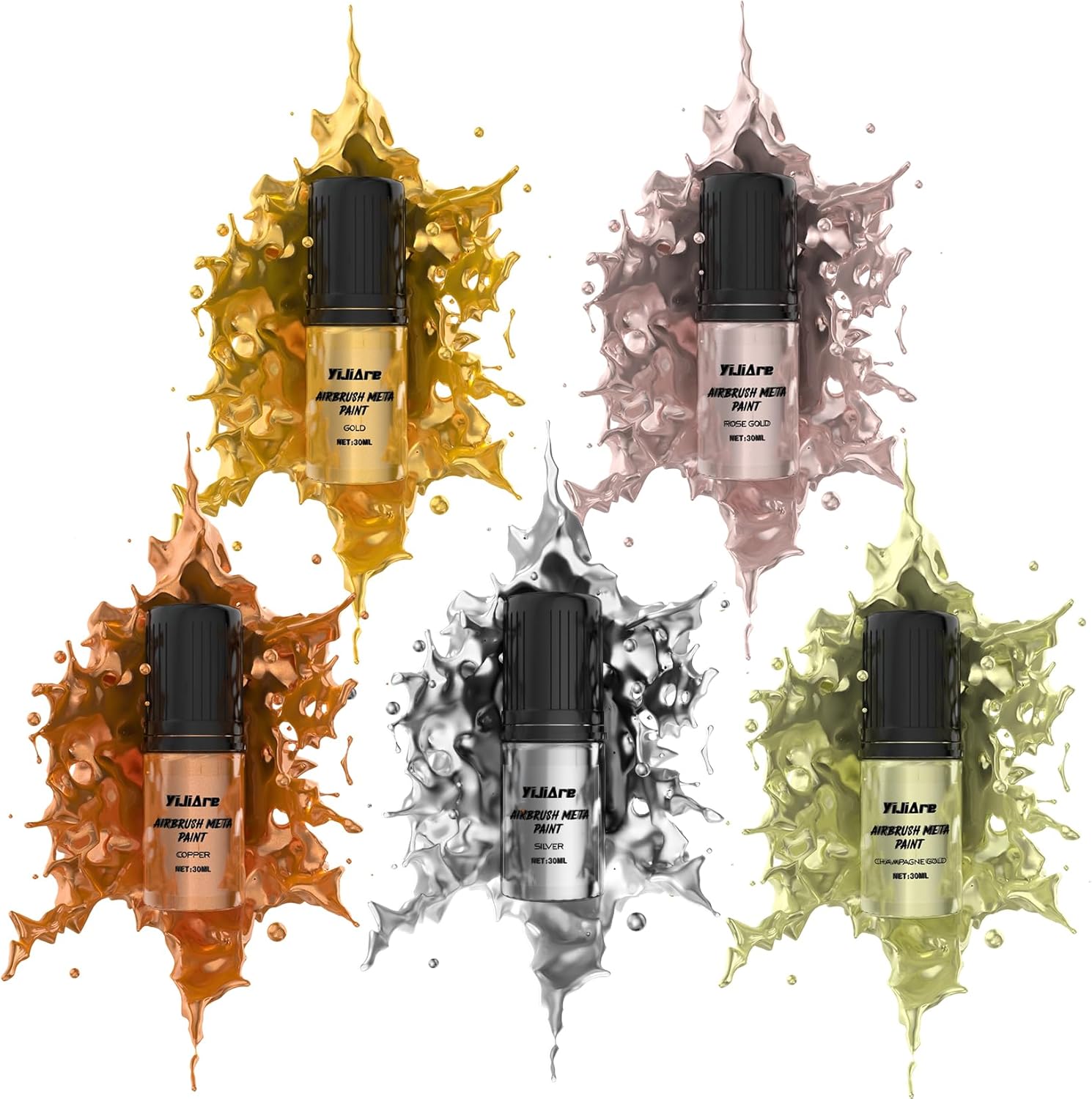 Chrome Airbrush Paint - 5 Colors, Ready-to-Use Alcohol-Based Metallic Airbrush Paint Set for Metal, Plastic Model, DIY Crafts, and Resin Projects - 5 x 30ml Bottles