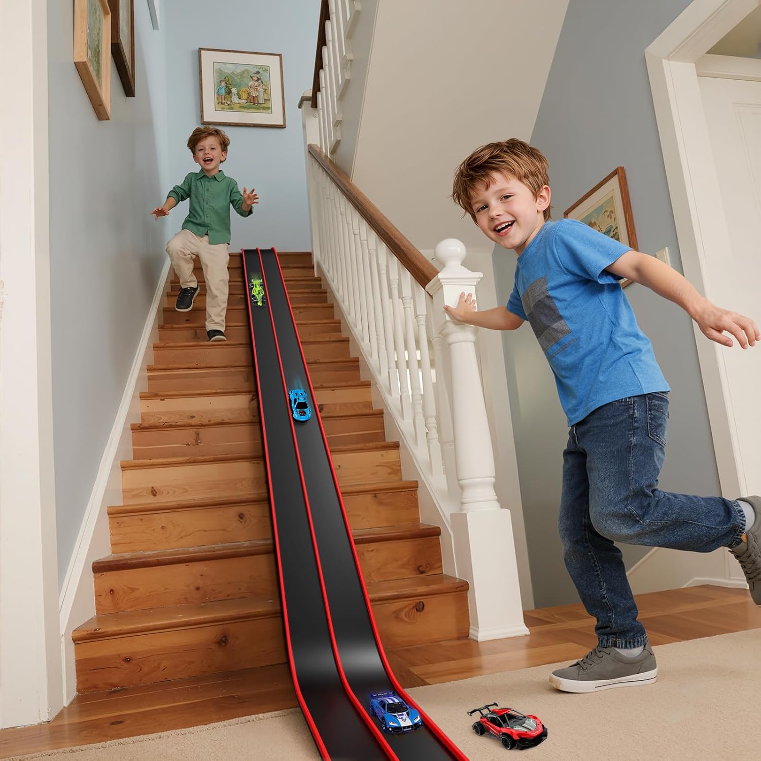 Flex Track 15 Ft Portable Flexible Race Car Track with Strong Suction Cups – Compatible with 1/64 Diecast Cars–Easy Storage, Indoor & Outdoor Play Flexible Car Tracks for Kids（Red-Black）