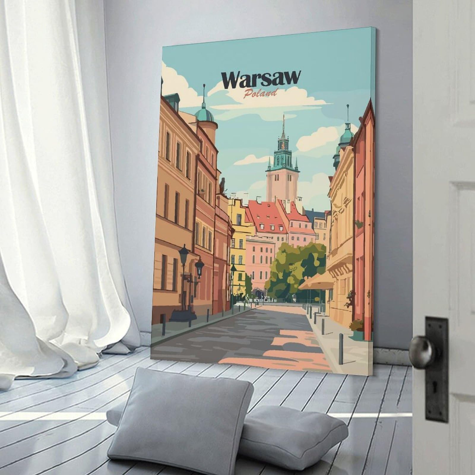 Junmoney Canvas Wall Art Warsaw Street Scene, 20x30inch(50x75cm), for Living Room, Lounge Or Sitting Room, Canvas Styling for A Polished Room Look