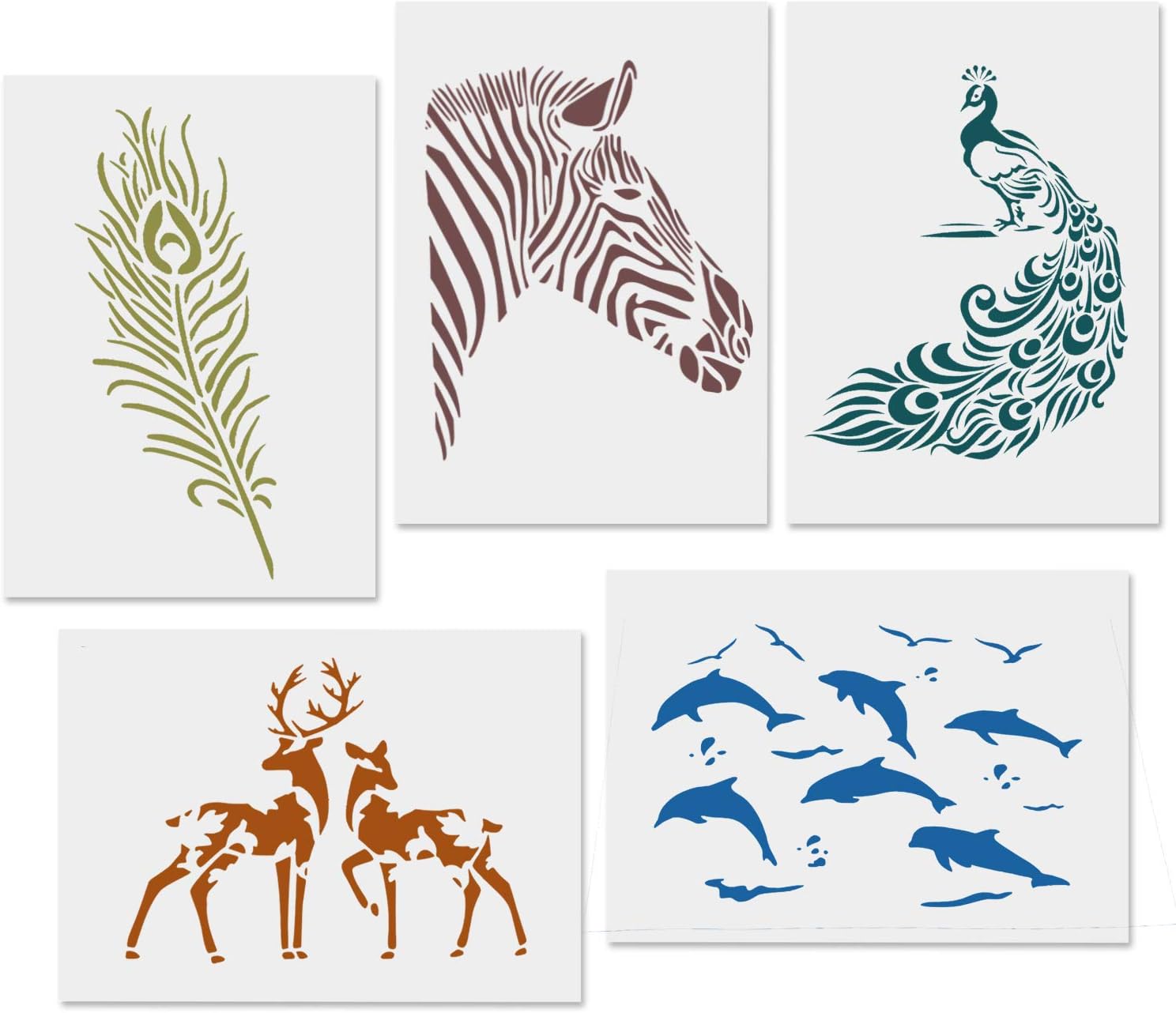 CODOHI 5 Packs Animals Stencils Zabra Peacock Feather Deer Dolphin Reusable Mylar Template - DIY Craft Stencils for Painting 8.3"x11.7"