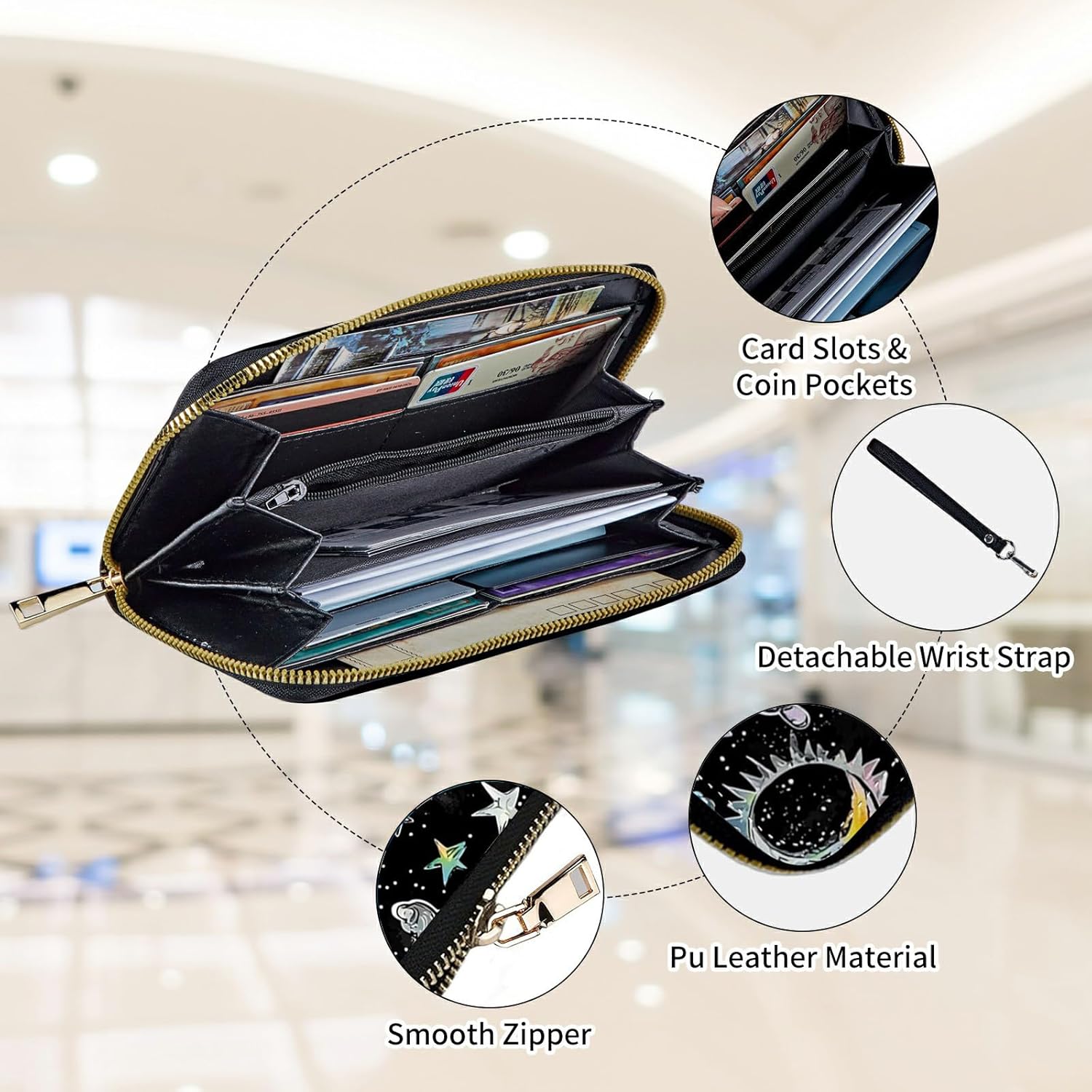 Womens Wallet, Large Capacity RFID Blocking PU Leather Wristlet Wallets for Women Ladies Men Credit Card Holder Zipper Wallet Phone Holder Clutch Travel Purse, Art Moon Sun Star - Image 3