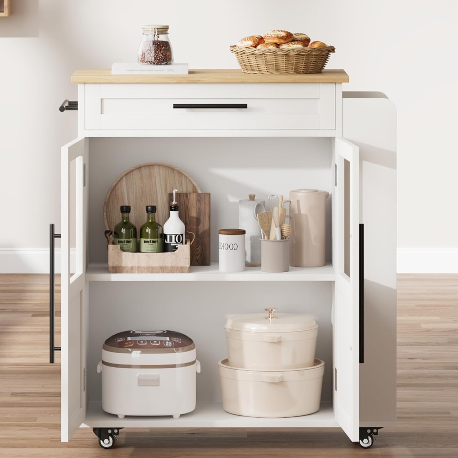 GAOMON Retro Kitchen Island with Storage, 24" Mobile Cart with Glass Cabinet Door, Spice Rack & Towel Rack for Dining Room (White & Natural)