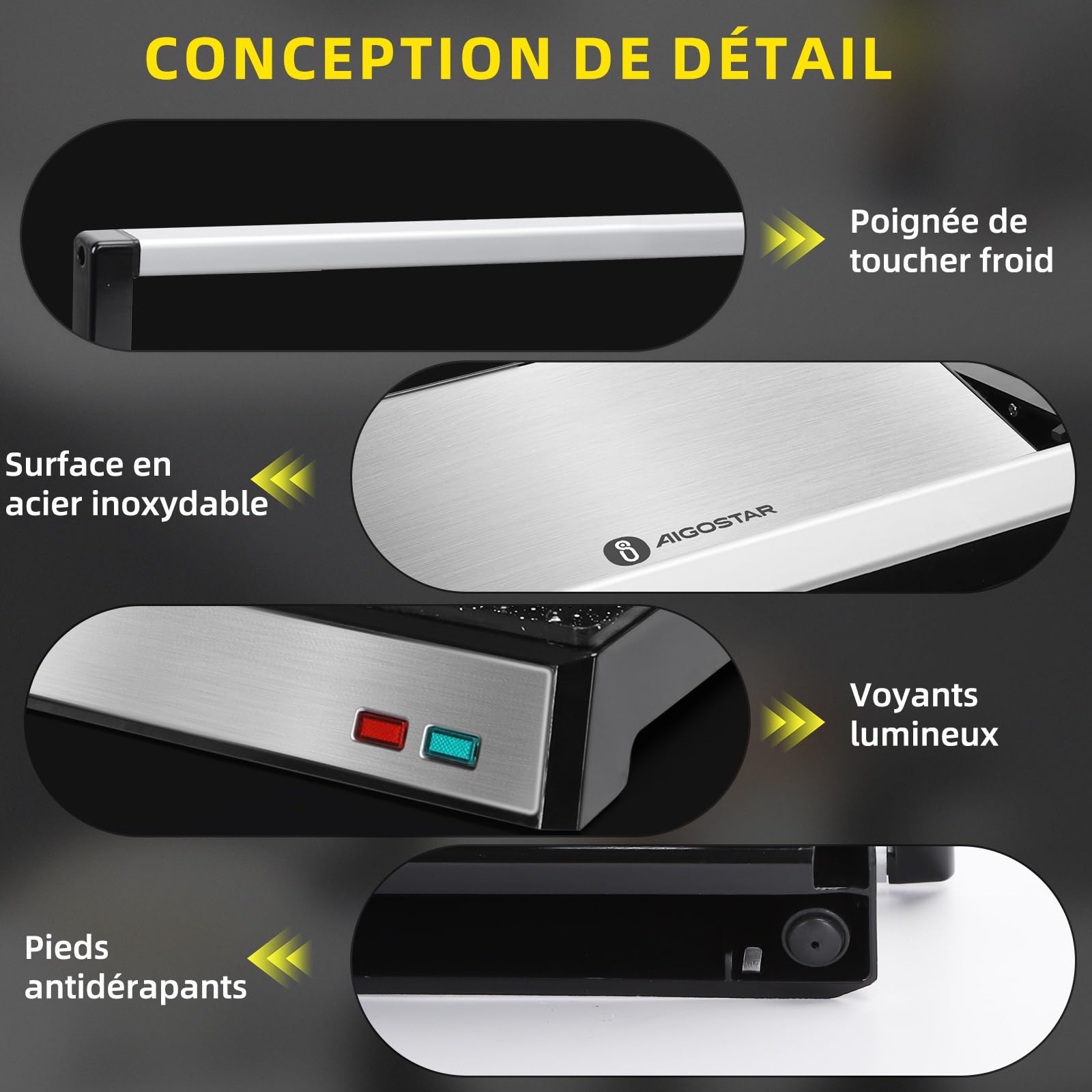 Aigostar Machine à Panini avec Revêtement Céramique, Ouverture 180°, 1500W | Grill électrique, Plaque de 27x17cm, Garanti sans PFAS, Finition Inox | Hett Pro