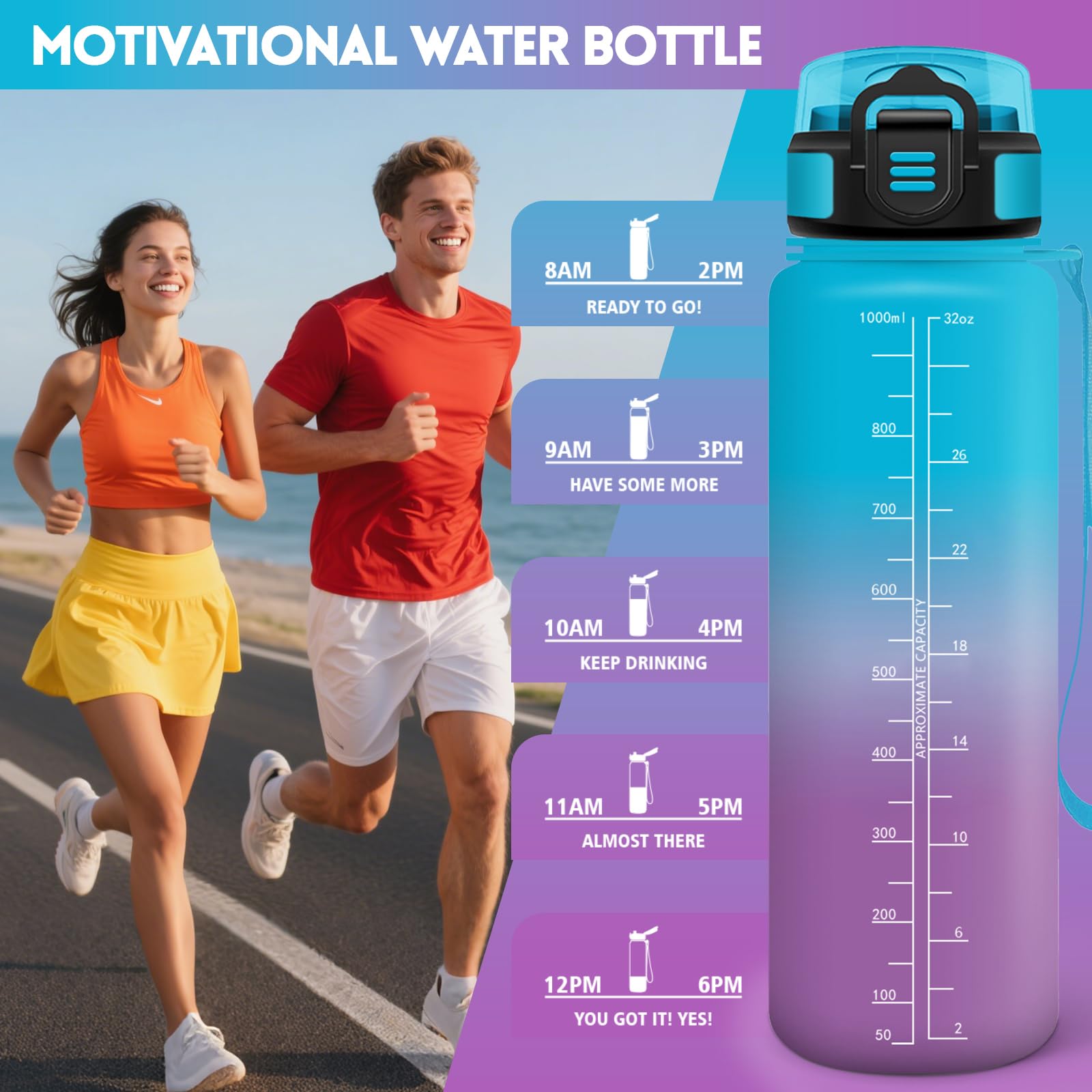 Mulbijeo Borraccia 1 Litro, Libre de BPA & Reutilizables, Borracce con Cannuccia, A Prova di Perdita, Borraccia Motivazionale, Portatile, Borracce Palestra per Scuola, Palestra, Ufficio, Festa