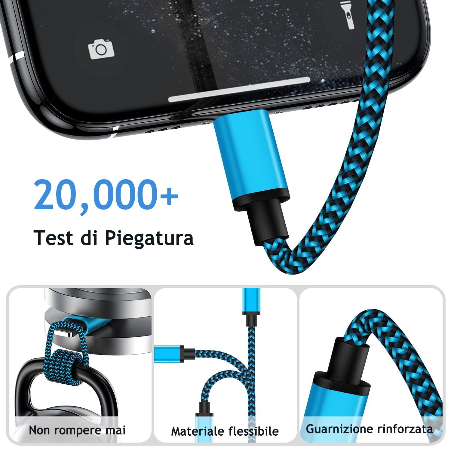 Cavo Lightning USB MFi Nylon Ricarica Rapida per iPhone 14 13 Pro Max 12 11 XR XS X 8 7 6s 6 Plus SE iPad 2 Metri 3 Pezzi
