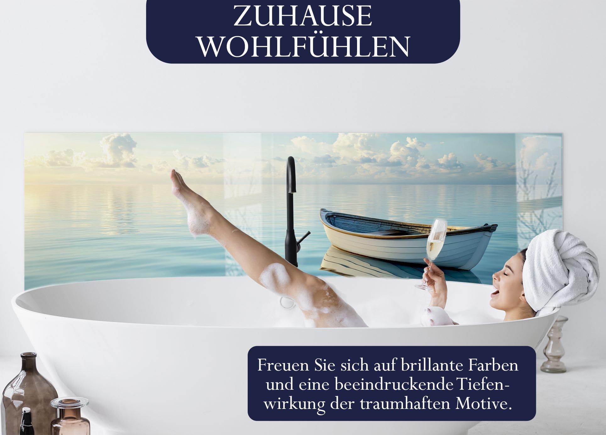 timalo Waschbecken und Badewannenrückwand 60 x 40 cm - aus Acrylglas | Ruderboot, Boot, Meer, See, Sonnenaufgang | Wandpaneele Bad Badrückwand Platte Badewanne Rückwand Badezimmer Glasoptik
