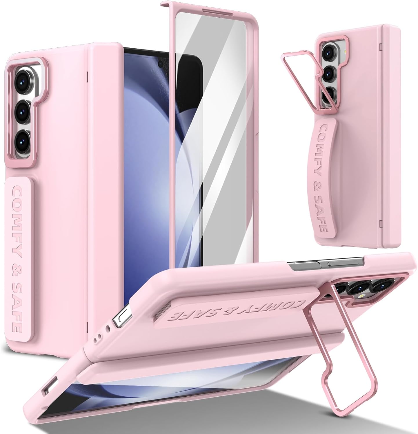 for Samsung Galaxy Z Fold 5 Hand Strap Case, Built-in Screen Protector & Hinge Protection & Camera Cover Kickstand, Military Grade Full Body Shockproof Protective, Pink