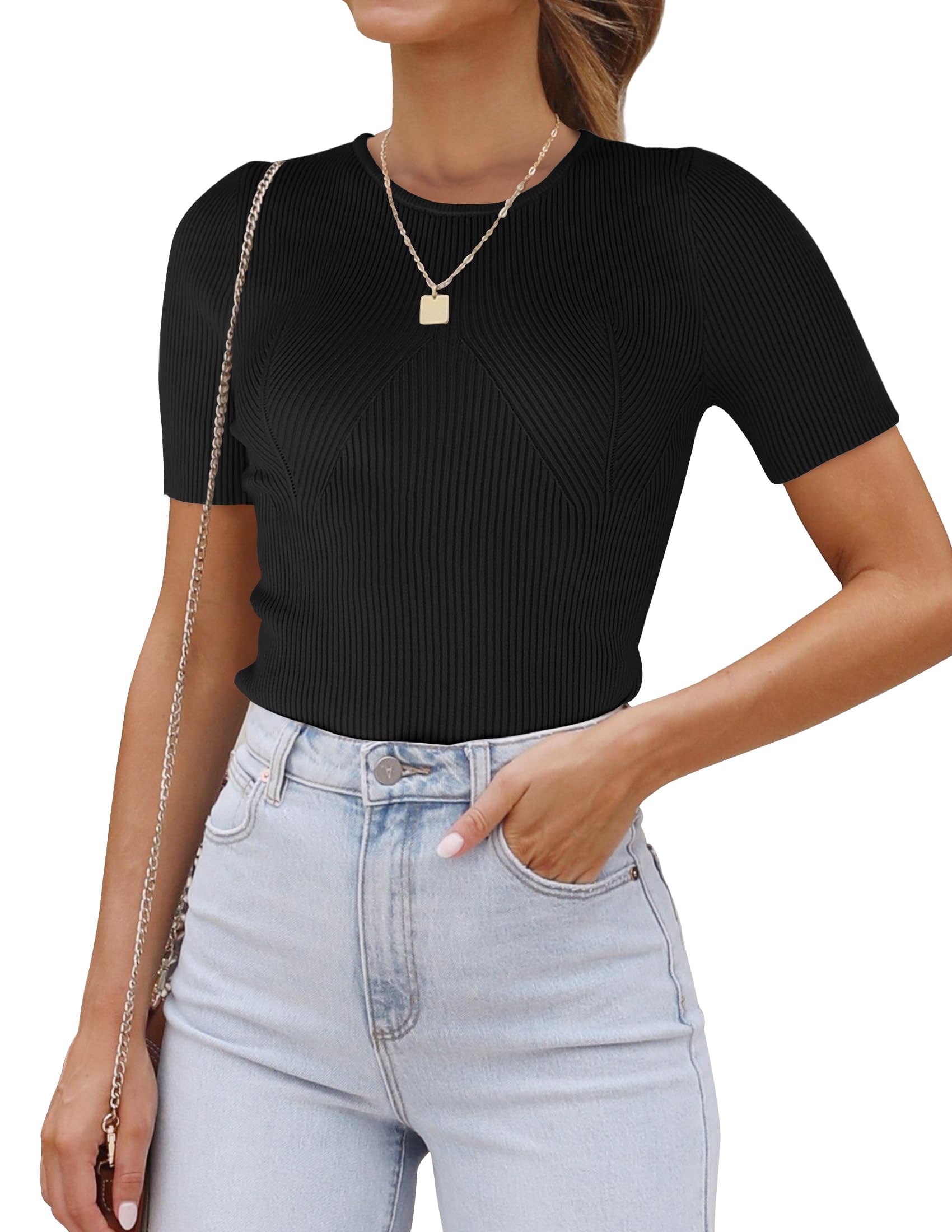 HAEOFWomen's 2024 Spring Summer Short Sleeve Lightweight Ribbed Knit T Shirts Slim Fit Crewneck Basic Casual Sweater Tops