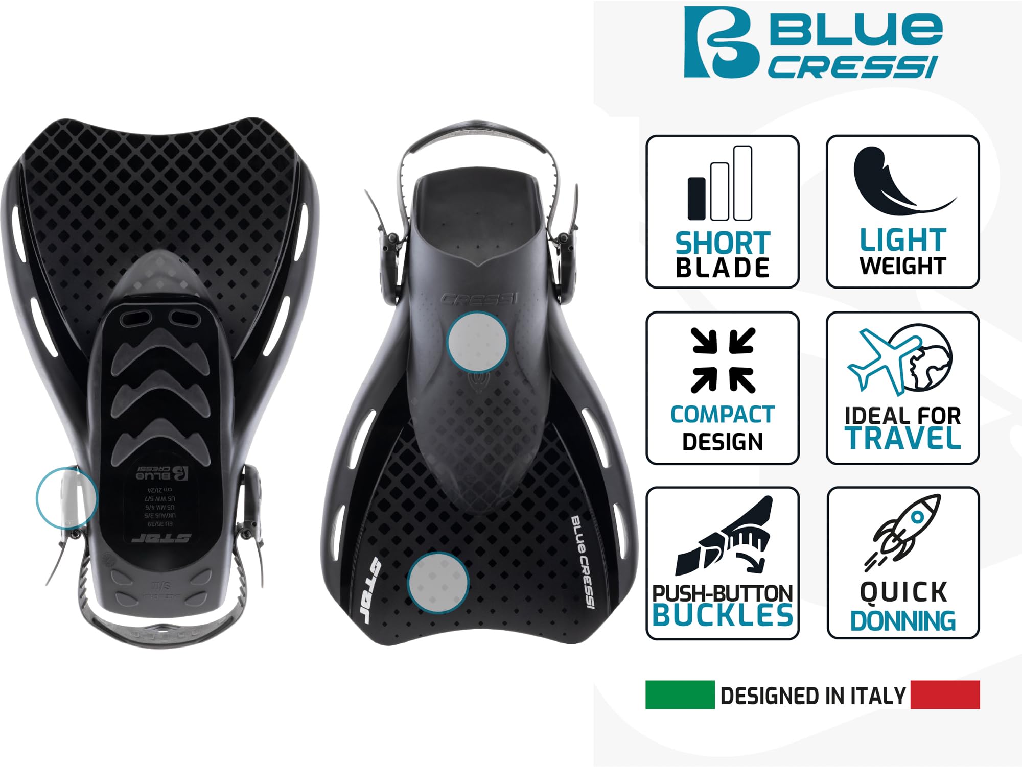 CRESSI dal 1946 - Star Fins - Pinne Compatte Regolabili con Potente Pala Ventilata e Comoda Scarpetta a Tallone Aperto ideali per Nuoto Snorkeling Viaggi - Adulti