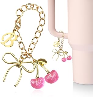 Gold Letter Charms with Bow and Cherry for Stanley Cup Accessories,for Stanley Handle 40Oz Tumblers,Water Bottle CupInitial Keychain for Women
