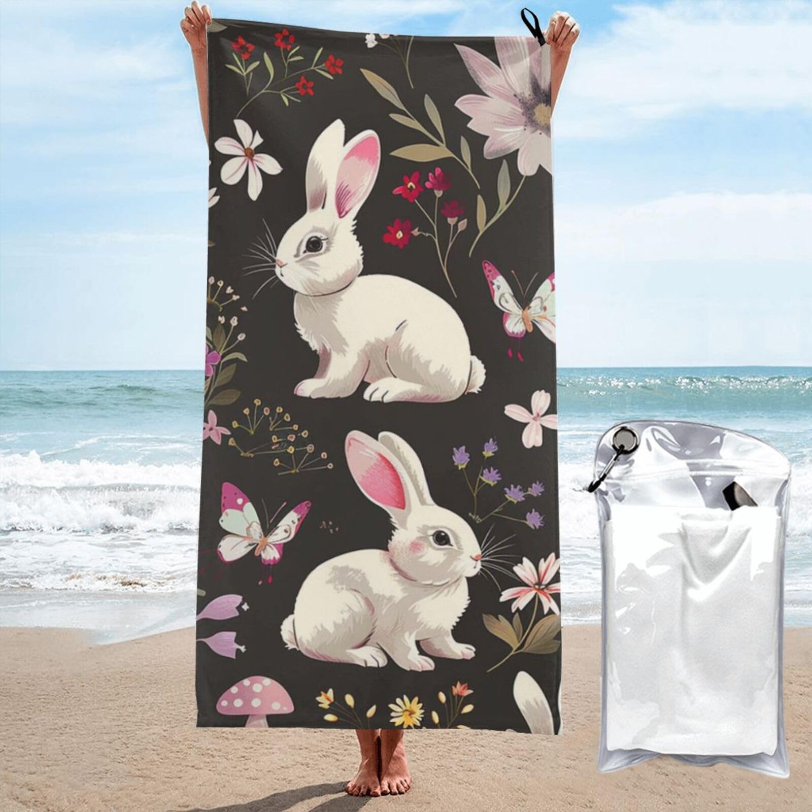kkvhhyuo Microfiber Beach Towel, Festival Bunny Floral Printed Lightweight Quick Dry Travel Bath Sheet with Compact Carry Bag for Swimming Yoga Camping Gym,31.5"x63"