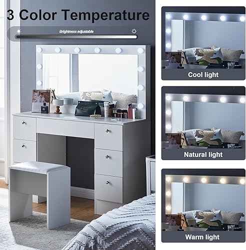 Miniatura 3 de CLIPOP Makeup Table with Chair, Vanity Desk with Large Lighted Mirror (3 Colors Mode & Adjustable Brightness), 7 Drawers, Cushioned Stool  Bedroom