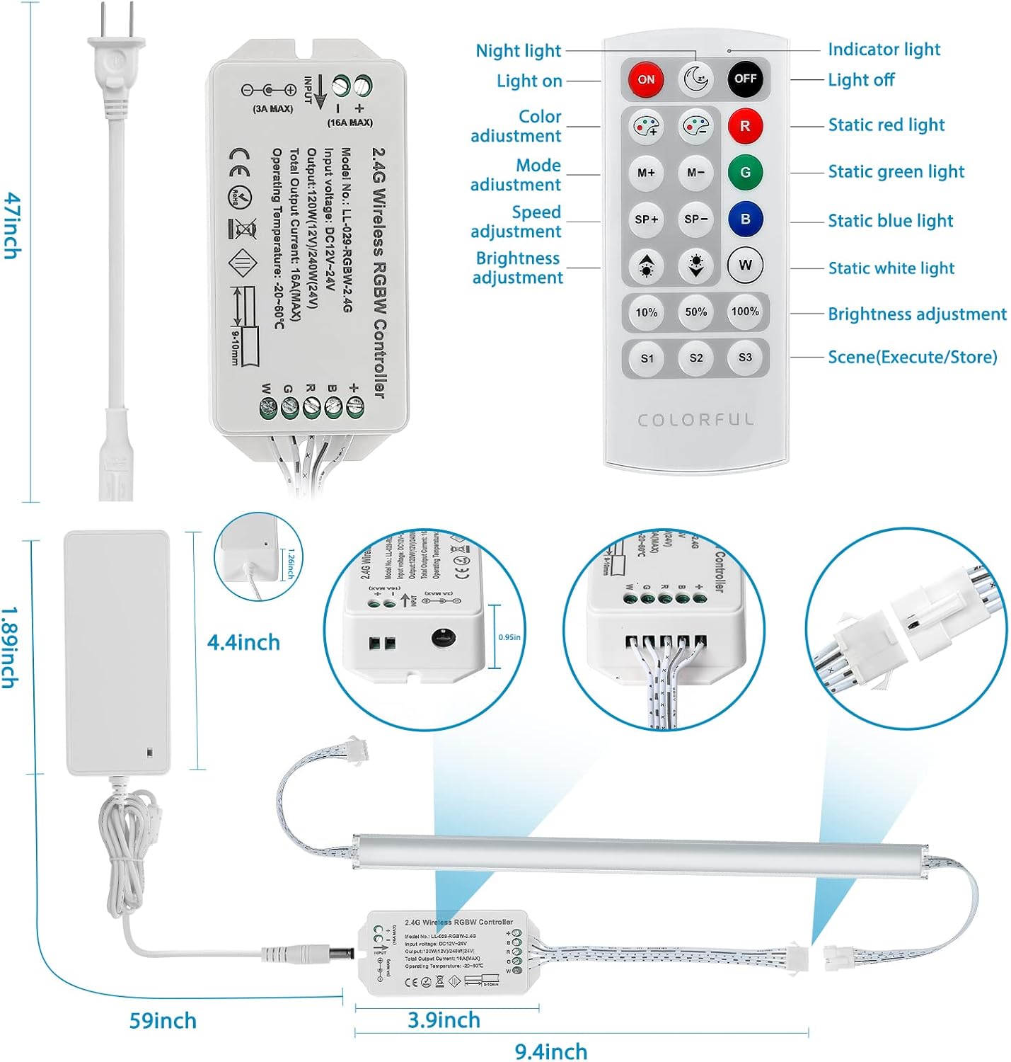 Litever RGB+Daylight 5000K 6-Light-Bar Under Cabinet Light Kits Extra Adapter Extra Controller