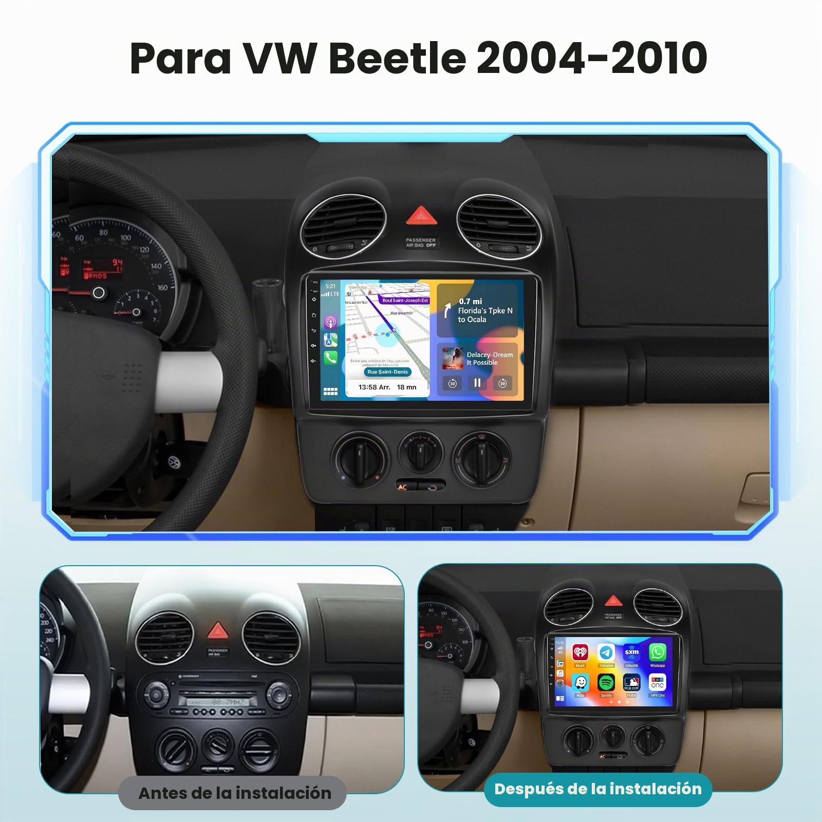 Hikity 2+64G Radio Android 9'' para VW Beetle 2004-2010 | Inalámbrico Carplay Android Auto, Bluetooth WiFi GPS EQ FM/RDS SWC Cámara Trasera, Pantalla Táctil