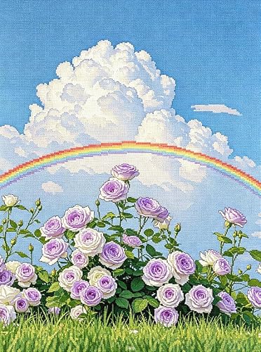 FanZheZhe Beginners Cross Stitch Kits 11 Count Counted Stamped Pre Printed Cross Stitch Embroidery Kits DIY Home Decoration Rainbow and Flowers 40x50cm