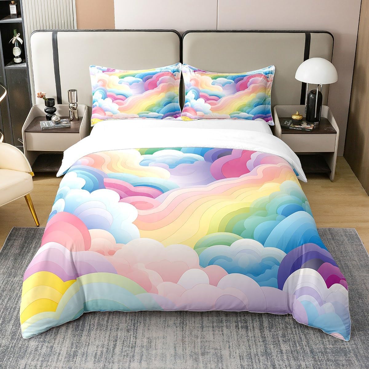 Erosebridal Cartoon Geometric Rainbow 100% Cotton Duvet Cover,Colourful Cloud Comforter Cover for Kids Girls,Watercolor Rainbow Wave Bedding Set,Abstract Style Bedspread Cover 3pcs Full